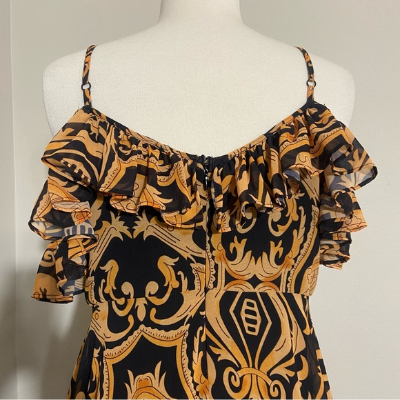 Akira Baroque Gold Black Plunging Neck Ruffled Maxi High Low Dress L Large - Picture 6 of 15